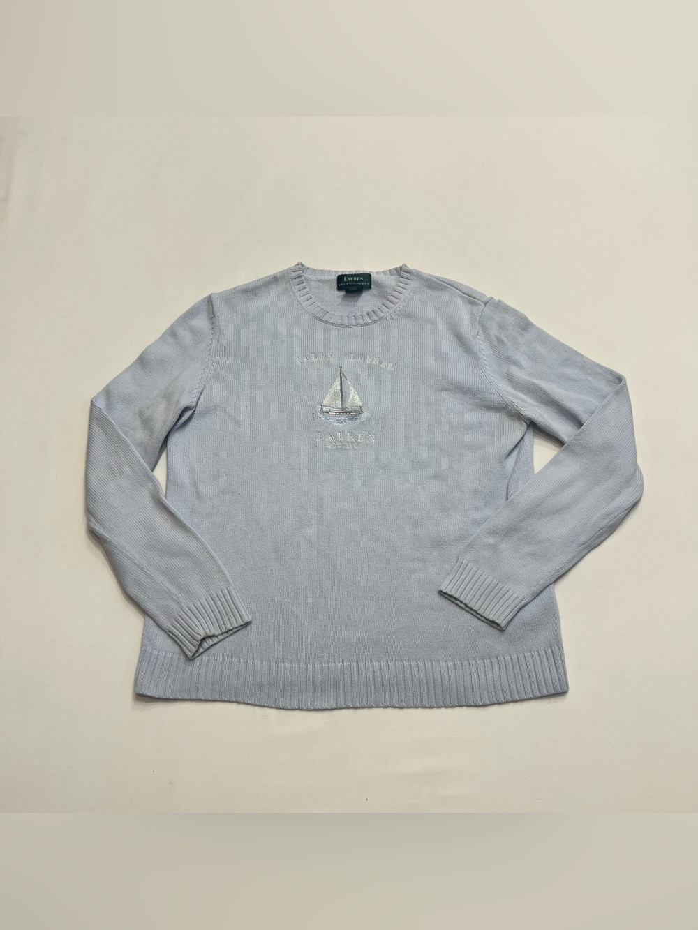 Vintage Lauren Ralph Lauren Knit Crewneck Sweater Sz Large Sailboat Preppy Chic
